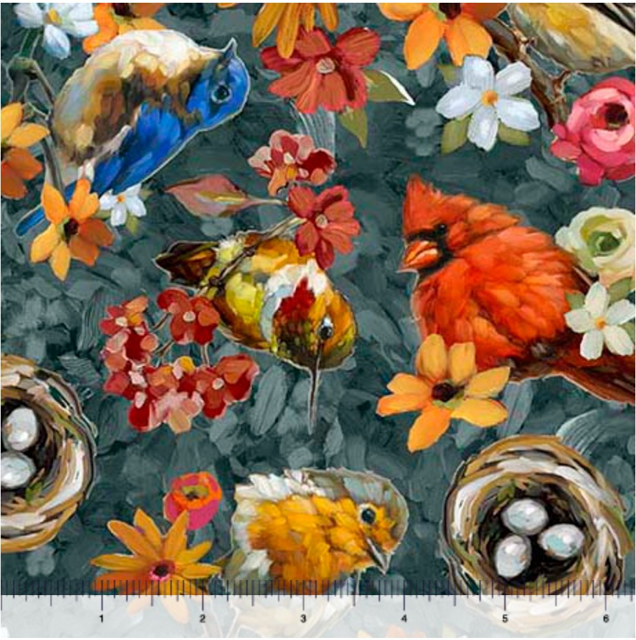 QT Joyful Garden Bird Toss Birds Nests Eggs 31865 Q Charcoal Grey | SOLD BY THE HALF-YARD